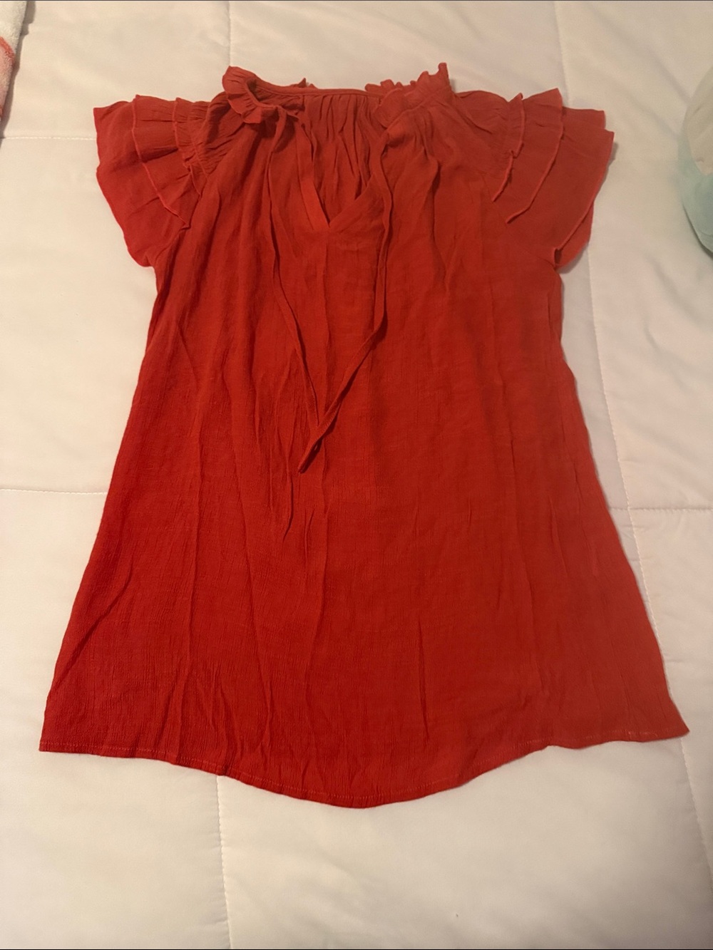 Amazon Women's Red Ruffle-Neck Short Sleeve Tunic